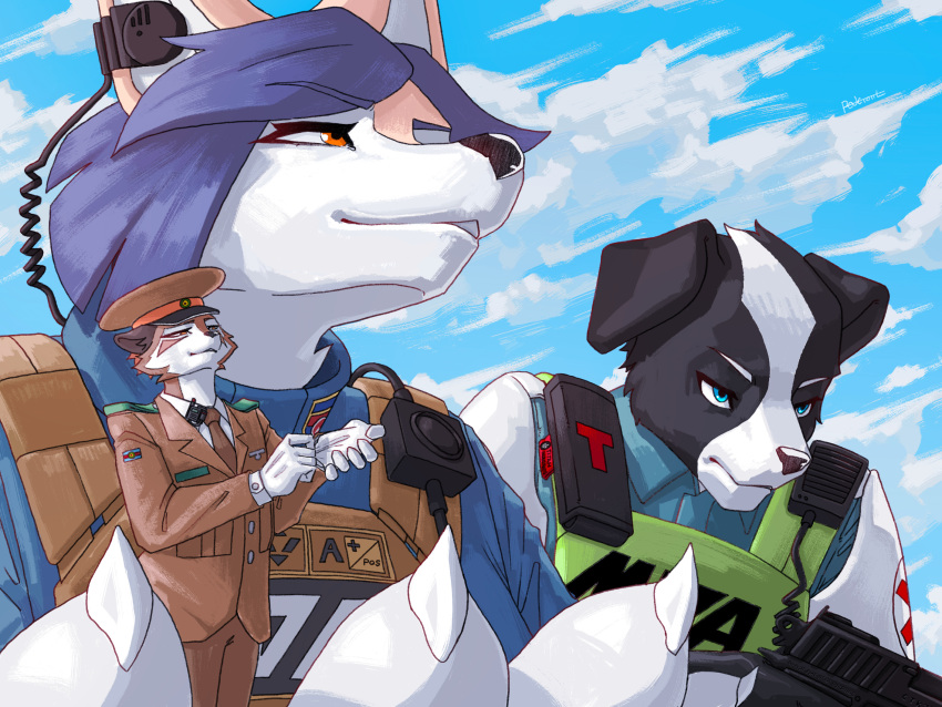 2023 5_fingers army border_collie bottomwear canid canine canis clothing cloud collie digital_media_(artwork) domestic_dog female fingers fox gun herding_dog hi_res larger_female macro male mammal micro pants pastoral_dog pederont ranged_weapon sheepdog size_difference size_play sky smaller_male uniform weapon