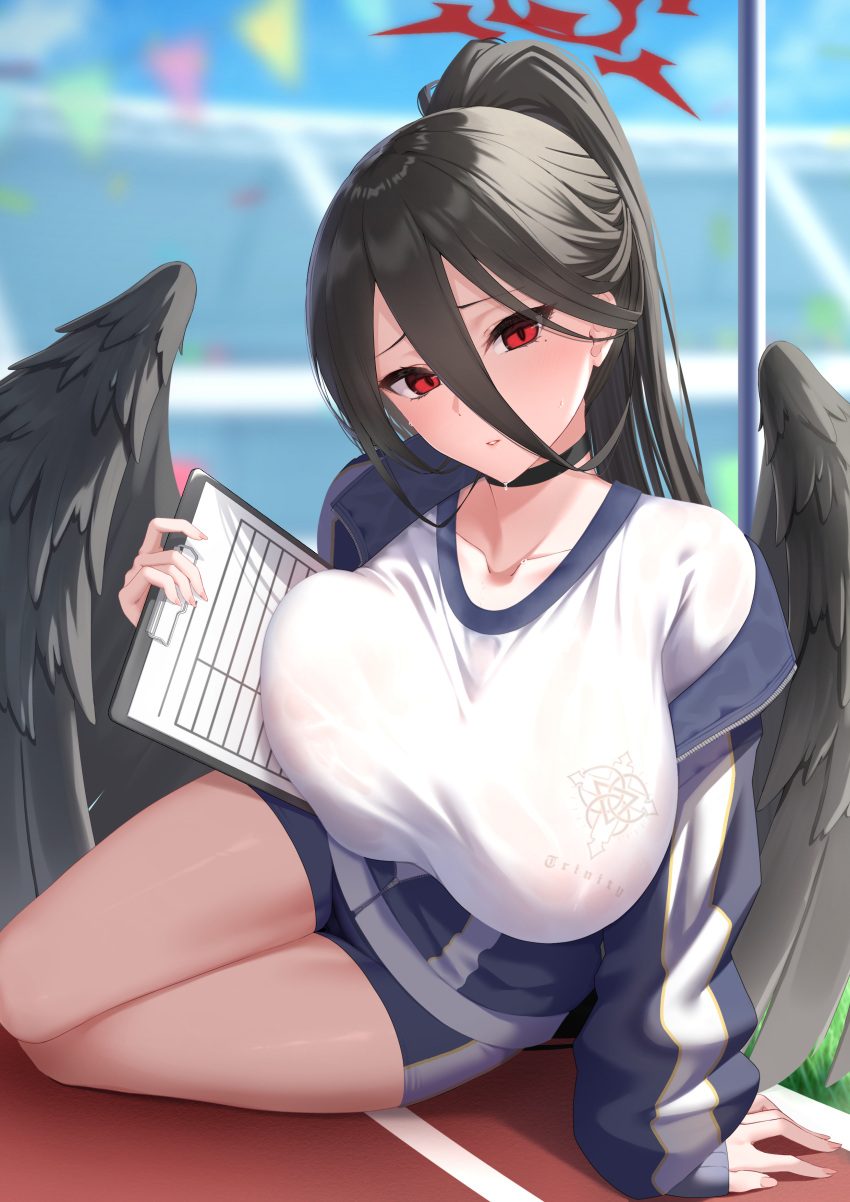 1girl absurdres black_choker black_hair black_wings blue_archive blue_jacket blue_shorts blue_sky blurry blurry_background breast_lift breasts choker clipboard covered_nipples day feathered_wings gym_shirt gym_shorts gym_uniform hair_between_eyes halo hasumi_(blue_archive) hasumi_(track)_(blue_archive) highres huge_breasts iori_(nanonamuco) jacket large_wings long_hair long_sleeves looking_at_viewer low_wings mole mole_under_eye official_alternate_costume open_clothes open_jacket parted_lips partially_unzipped pink_nails ponytail red_eyes red_halo see-through shirt short_shorts shorts sitting sky stadium sweat sweatdrop thighs track_and_field track_jacket wet wet_clothes wet_shirt white_shirt wings yokozuwari zipper