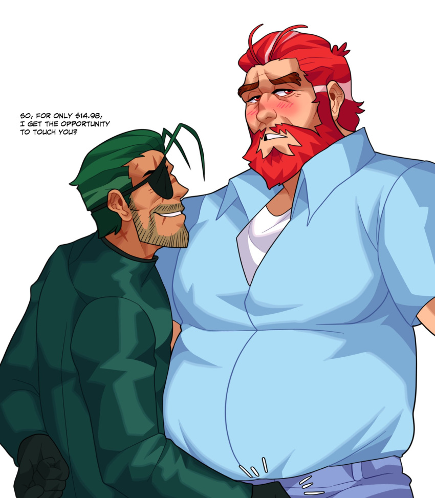 2boys ahoge averting_eyes bara beard beard_stubble big_belly collared_shirt crotch_grab english_text eyepatch facial_hair forked_eyebrows hair_slicked_back highres large_pectorals looking_to_the_side male_focus male_prostitution mature_male mr._krabs multicolored_hair multiple_boys mustache mustache_stubble notice_lines old old_man pectorals personification red_eyes red_hair revealyoursins seductive_smile sheldon_j._plankton shirt short_hair sideburns smile spongebob_squarepants streaked_hair thick_eyebrows wrinkled_skin yaoi