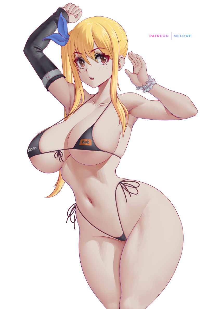 1girl :o absurdres arms_up bikini black_bikini blonde_hair bow breasts brown_eyes collarbone curvy fairy_tail groin hair_bow highres large_breasts looking_at_viewer lucy_heartfilia melowh micro_bikini navel open_mouth patreon_username pornhub scrunchie side_ponytail simple_background single_sleeve solo stomach strap_gap swimsuit wide_hips wrist_scrunchie