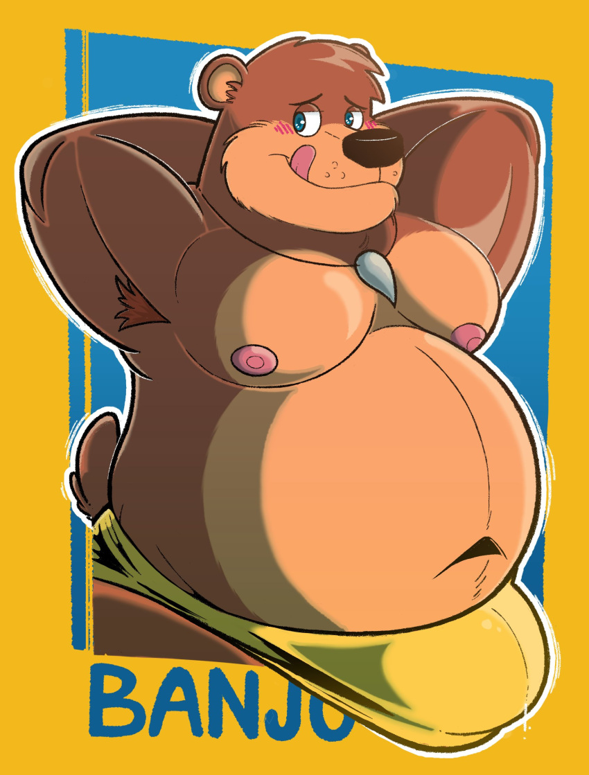 anthro armpit_hair banjo-kazooie banjo_(banjo-kazooie) bear belly big_belly blue_eyes blush body_hair brown_body brown_fur bulge calzone_(artist) clothing fur half-closed_eyes hands_behind_head hi_res jewelry male mammal moobs narrowed_eyes navel necklace nipples rareware shirtless smile solo tail tail_tuft tan_body tan_fur tongue tongue_out tuft underwear