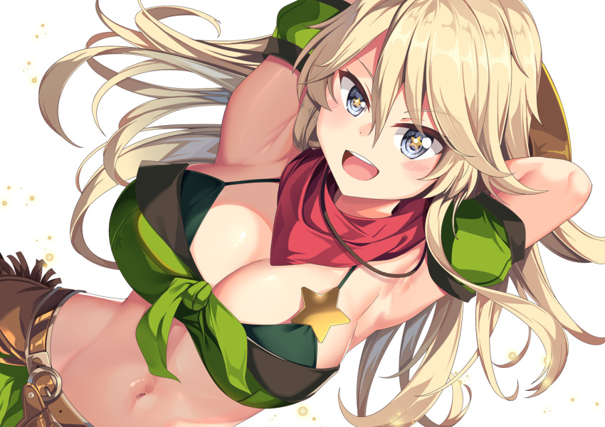 1girl :d armpits arms_up bandeau bare_shoulders belt blonde_hair blue_eyes breasts brown_belt cleavage collarbone commentary_request cosplay cowboy_shot detached_sleeves dutch_angle fence front-tie_top green_bandeau green_skirt green_sleeves groin hair_between_eyes hat_on_back holster iowa_(kancolle) kantai_collection large_breasts light_particles long_hair looking_at_viewer midriff navel outdoors puffy_detached_sleeves puffy_sleeves red_scarf scarf sheriff_badge sidelocks skirt smile solo standing star_(symbol) taiki_shuttle_(umamusume) taiki_shuttle_(umamusume)_(cosplay) teeth umamusume upper_teeth_only wooden_fence yasume_yukito