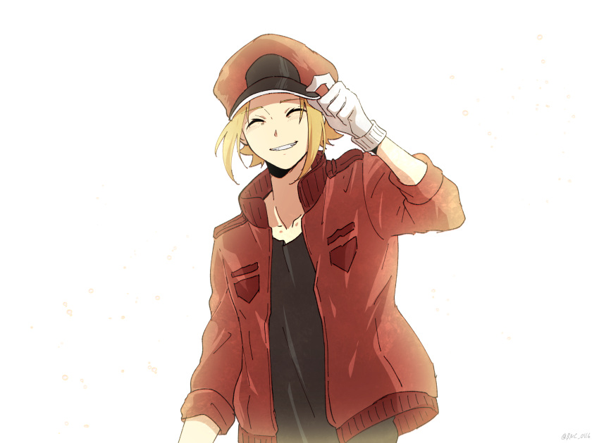 1boy ac-1677 adjusting_clothes adjusting_headwear arm_at_side artist_name banchii black_shirt blonde_hair cabbie_hat closed_eyes collarbone commentary facing_viewer gloves grin hat hataraku_saibou hataraku_saibou_black highres jacket light_particles long_sleeves male_focus open_clothes open_jacket red_blood_cell_(hataraku_saibou) red_headwear red_jacket shirt signature smile solo t-shirt twitter_username uniform upper_body white_background white_gloves