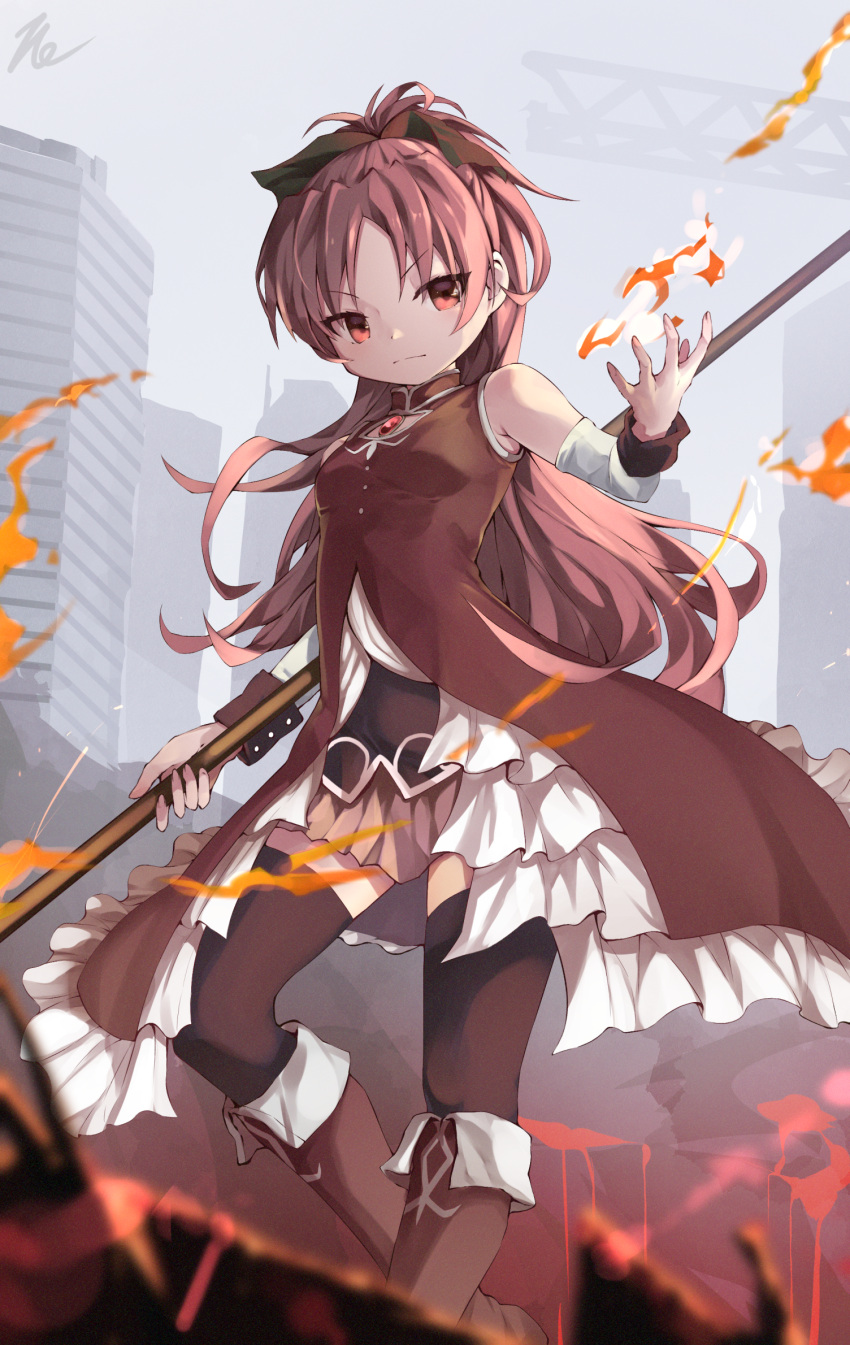 1girl black_thighhighs blurry boots building depth_of_field fire grey_sky hair_ribbon high_ponytail highres holding holding_polearm holding_weapon knee_boots long_hair looking_at_hand magical_girl mahou_shoujo_madoka_magica pleated_skirt polearm pyrokinesis red_eyes red_hair ribbon sakura_kyoko signature skirt sky skyscraper solo soul_gem standing taka.yana thighhighs very_long_hair weapon