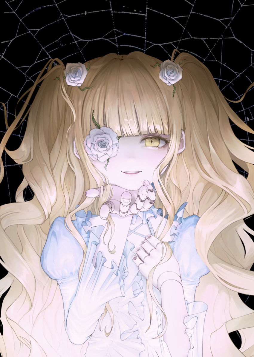 1girl absurdres black_background blonde_hair blunt_bangs commentary_request doll_joints fingernails flower flower_over_eye frilled_shirt frills hair_flower hair_ornament highres joints juliet_sleeves kirakishou lolita_fashion long_hair long_sleeves looking_at_viewer medium_bangs molae_(sandmolae) open_mouth puffy_sleeves rose rozen_maiden shirt sidelocks silk smile solo spider_web teeth two_side_up upper_body upper_teeth_only very_long_hair wavy_hair white_flower white_rose white_shirt yellow_eyes
