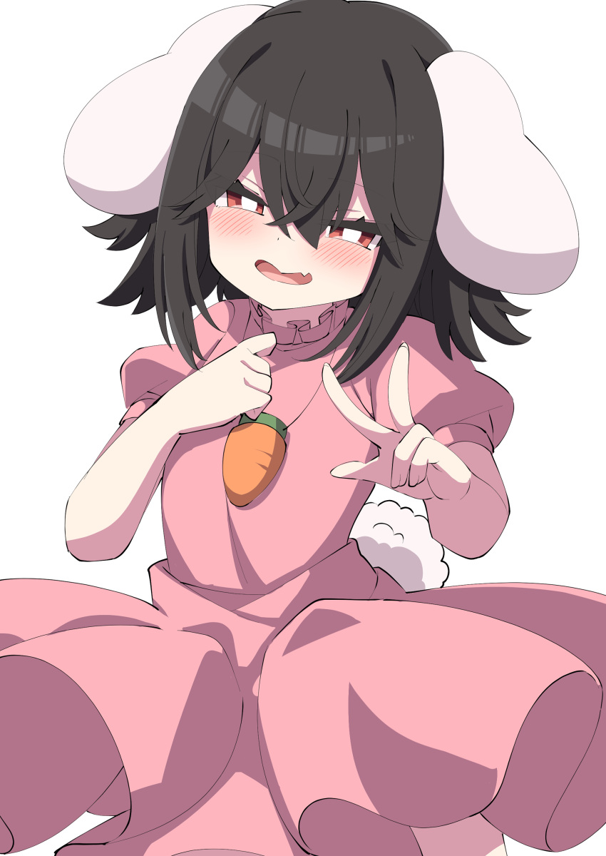 1girl absurdres animal_ears blush carrot_necklace dress fang hair_between_eyes highres inaba_tewi jewelry necklace open_mouth pink_dress puffy_short_sleeves puffy_sleeves rabbit_ears rabbit_tail red_eyes short_hair short_sleeves simple_background skin_fang solo tail touhou tsukimirin white_background