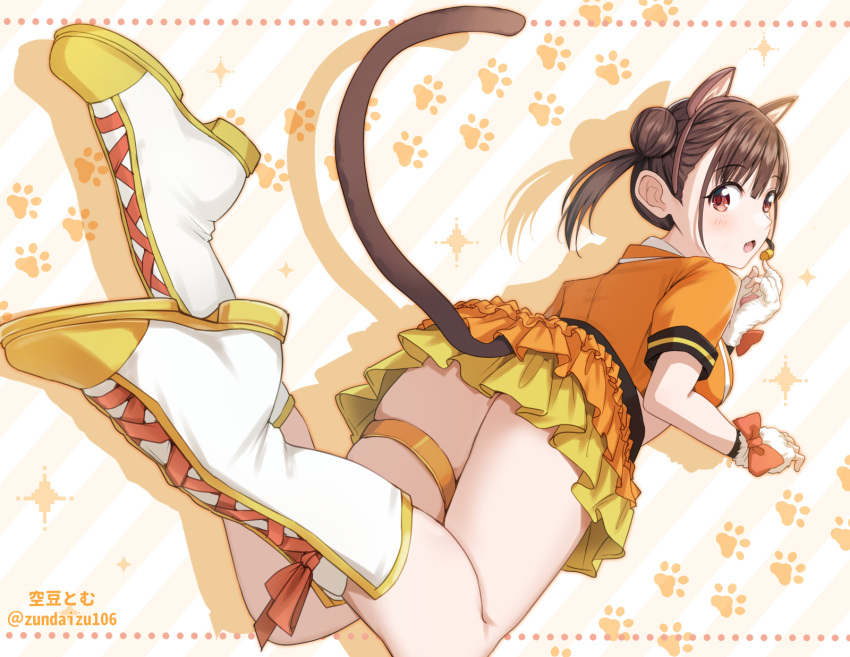 1girl animal_ears boots brown_eyes brown_hair cat_ears cat_tail commentary_request double_bun fang fingerless_gloves gloves hair_bun highres idolmaster idolmaster_shiny_colors knee_boots layered_skirt looking_at_viewer looking_back miniskirt short_sleeves short_twintails skindentation skirt solo sonoda_chiyoko soramame_tomu tail thigh_strap thighs twintails