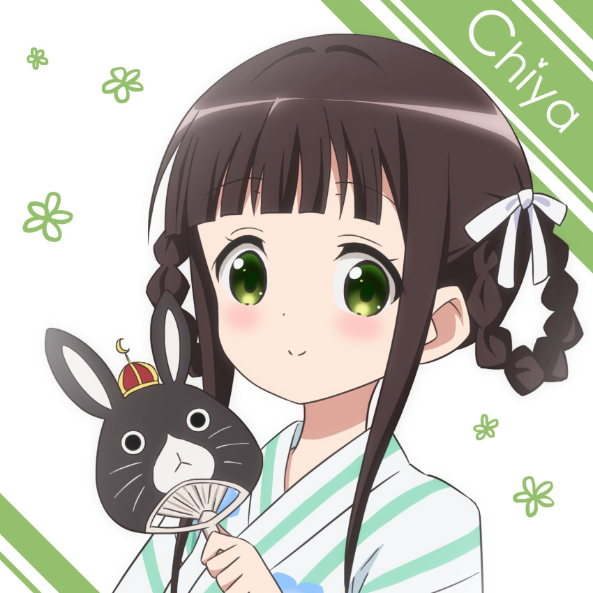 1girl anko_(gochiusa) blunt_bangs blush braided_hair_rings brown_hair character_name closed_mouth commentary_request flower gochuumon_wa_usagi_desu_ka? green_background green_eyes green_kimono hair_ribbon hand_fan highres holding holding_fan japanese_clothes kimono long_hair looking_at_viewer portrait rabbit ribbon sidelocks simple_background smile solo striped striped_kimono suisei_aaru two-tone_background two-tone_kimono ujimatsu_chiya white_background white_ribbon