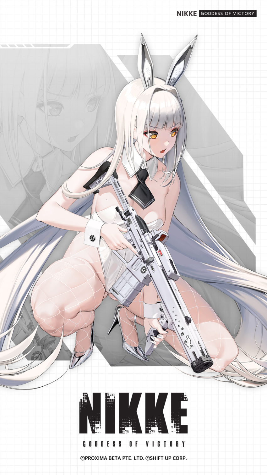 1girl animal_ear_headwear animal_ears assault_rifle black_necktie blanc_(nikke) blunt_bangs breasts cleavage detached_collar fake_animal_ears fake_tail fang fishnet_pantyhose fishnets goddess_of_victory:_nikke gun high_heels highleg highres holding holding_gun holding_weapon leotard logo long_hair medium_breasts necktie official_art pantyhose playboy_bunny rabbit_ears rabbit_tail red_eyeliner rifle scope sidelocks silver_footwear silver_nails squatting stiletto_heels tail very_long_hair weapon white_hair white_leotard white_pantyhose wrist_cuffs yellow_eyes