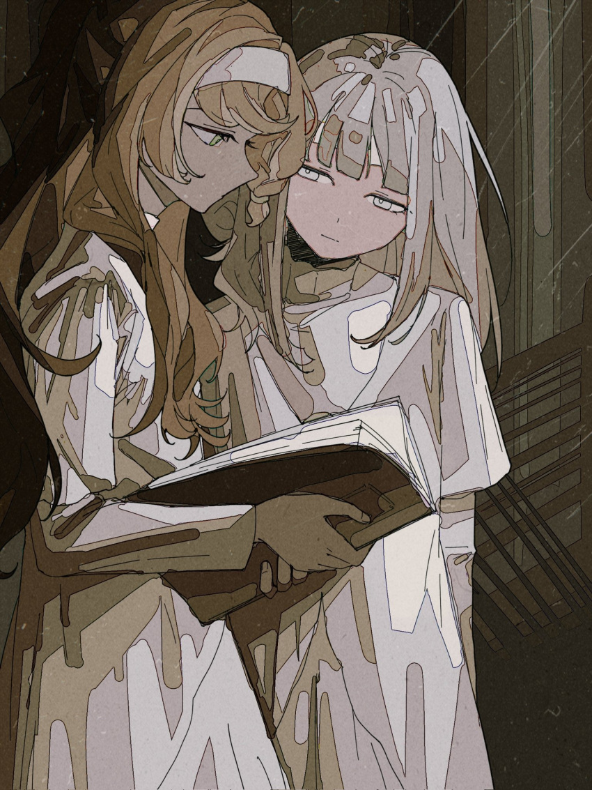 2girls aged_down book dress green_eyes grey_eyes hairband highres holding holding_book long_hair looking_at_another multiple_girls orange_hair reading reverse:1999 sonetto_(reverse:1999) vertin_(reverse:1999) white_dress white_hair white_hairband zhizhizi0101