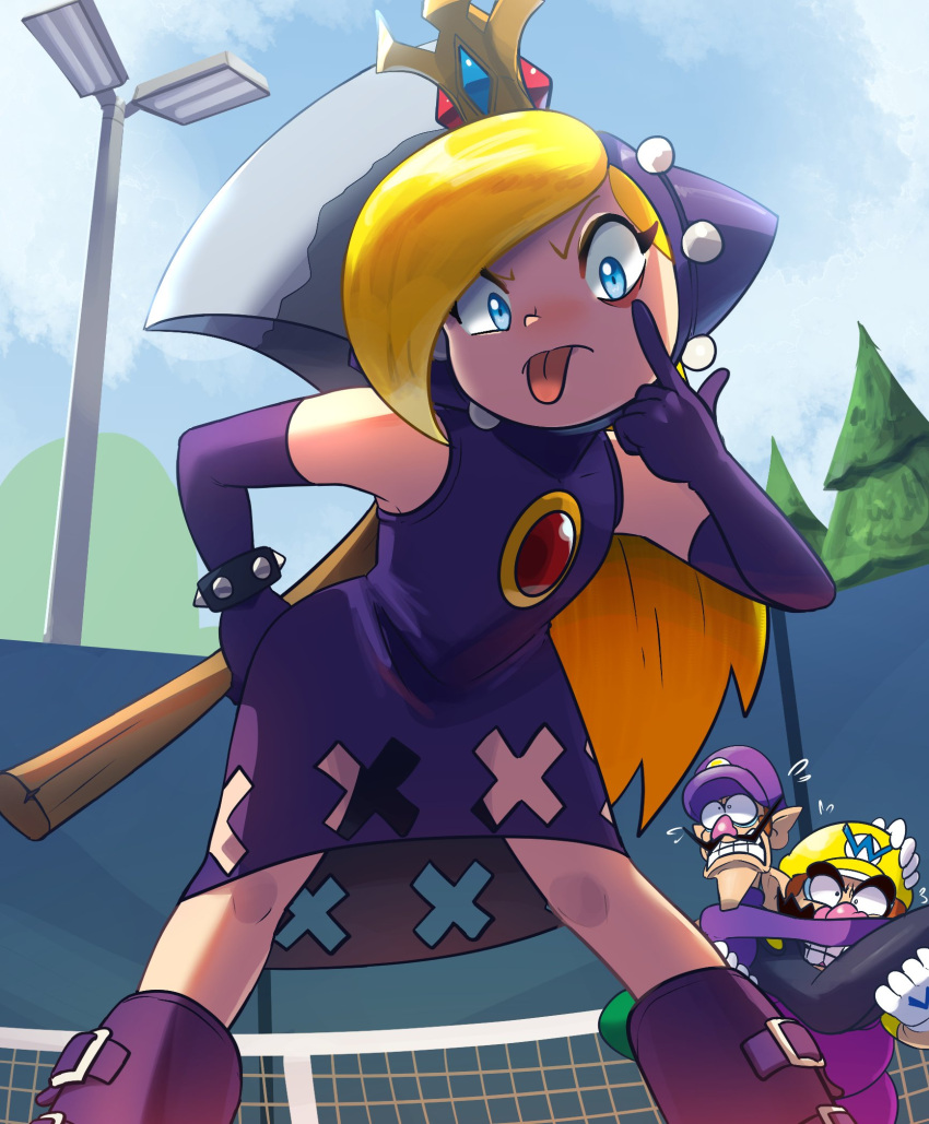 1girl 2boys akanbe axe bracelet carrying clothing_cutout crown dress elbow_gloves eyelid_pull feet_out_of_frame finger_to_eye gloves highres holding holding_axe jewelry juno_son mario_(series) mario_power_tennis mario_tennis mini_crown multiple_boys princess_carry purple_dress purple_gloves scared spiked_bracelet spikes standing tennis_court tongue tongue_out waluigi wario warupeach