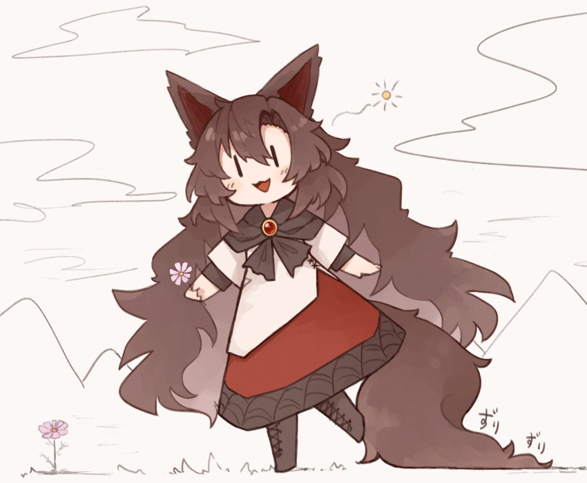 1girl animal_ears black_footwear blush boots brooch brown_hair cross-laced_footwear dress flower full_body hair_between_eyes highres holding holding_flower imaizumi_kagerou jewelry kaginoni long_hair long_sleeves open_mouth pink_flower red_dress smile solid_oval_eyes solo tail touhou white_dress wolf_ears wolf_tail