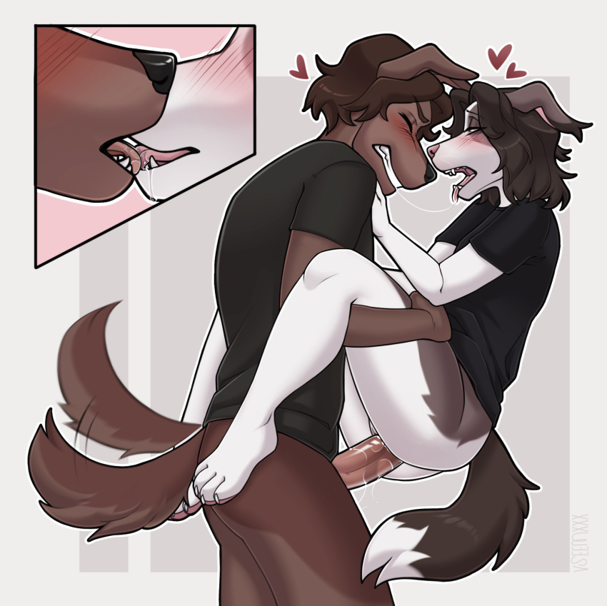 &lt;3 alexa_(mystery.dog) anthro blush bottomless brown_body brown_fur canid canine canis clenched_teeth clothed clothing domestic_dog duo eyes_closed female female_penetrated floppy_ears french_kissing fur hi_res kissing male male/female male_penetrating male_penetrating_female mammal michael_(mystery.dog) penetration penile penile_penetration penis_in_pussy romantic romantic_couple sex shirt stand_and_carry_position standing standing_sex t-shirt tail tail_motion tailwag teeth tongue tongue_out topwear v7eemx vaginal vaginal_penetration