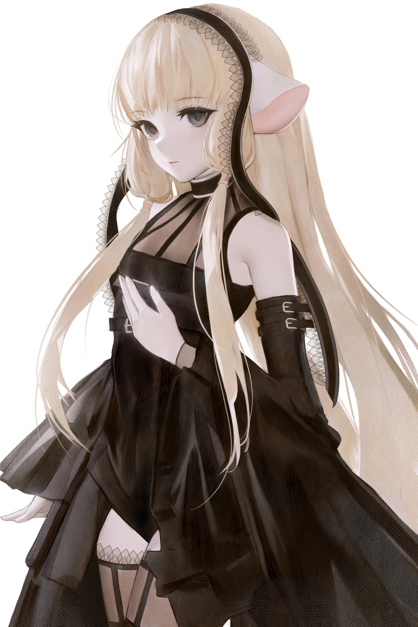 1girl absurdres black_dress black_eyes black_hairband black_thighhighs breasts chobits detached_sleeves dress expressionless freya_(chobits) frilled_thighhighs frills hairband head_tilt highres lolita_hairband long_hair looking_at_viewer nagamerin open_hand robot_ears sleeveless sleeveless_dress sleeves_past_wrists small_breasts solo thighhighs very_long_hair white_background