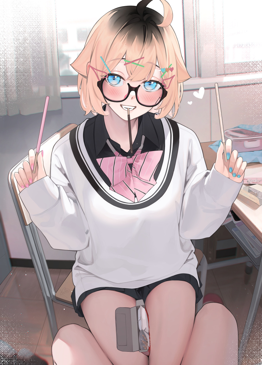 1girl absurdres ahoge between_legs blonde_hair blue_eyes blue_nails bow bowtie classroom collared_shirt desk food glasses hair_ornament hairclip heart heart_hair_ornament highres indoors leg_between_thighs long_sleeves mouth_hold multicolored_nails original pink_bow pink_bowtie pink_nails pocky pov rerrere round_eyewear school_desk shirt short_hair sitting sleeves_past_wrists solo_focus striped striped_bow striped_bowtie teeth_hold