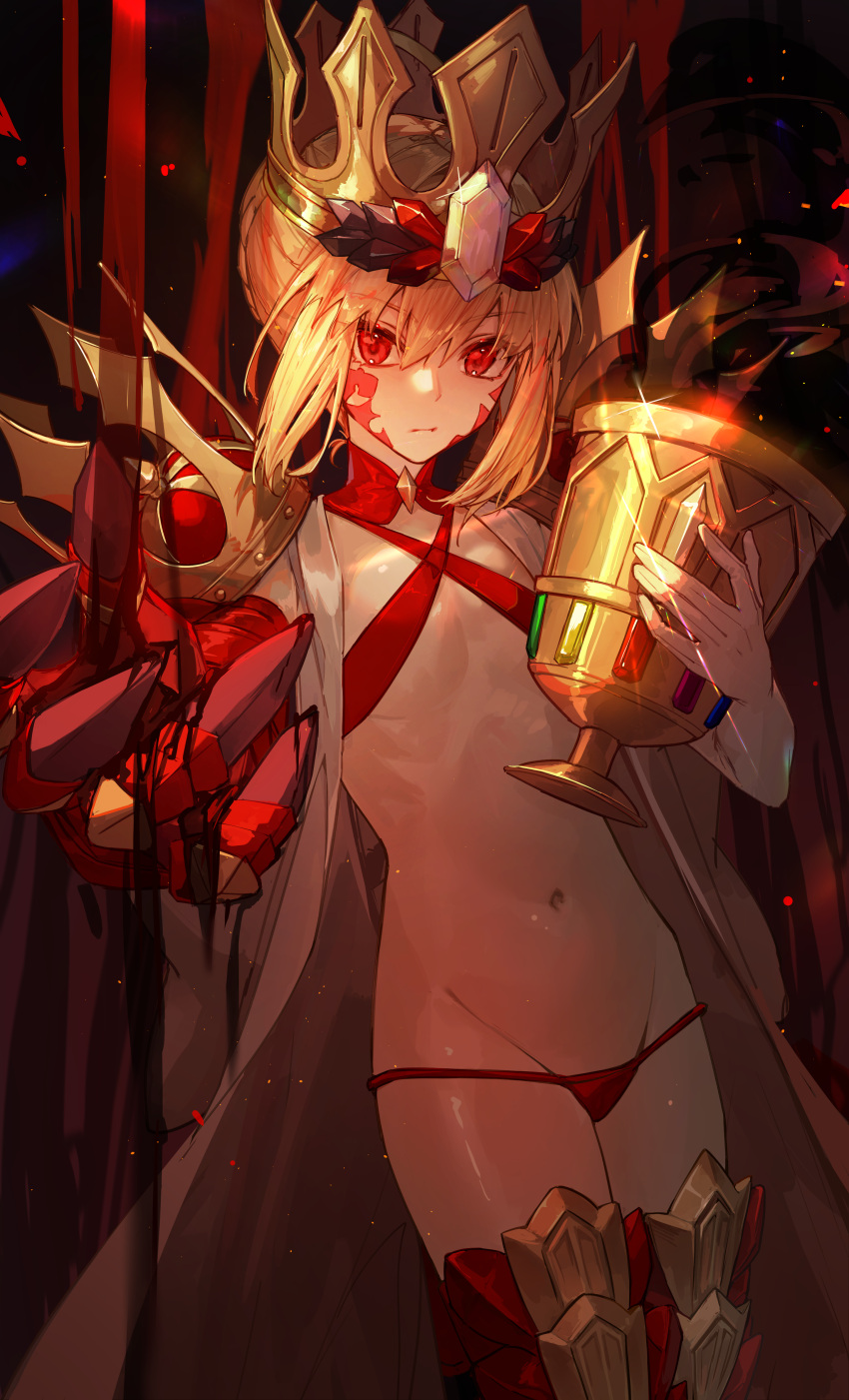 1girl absurdres armored_legwear asymmetrical_arms blonde_hair blood blue_gemstone bra choker crown dragon_claw expressionless facial_mark fate/grand_order fate_(series) flat_chest gem gloves green_gemstone hair_between_eyes highres kotatsu_kaya looking_at_viewer medium_hair navel nero_claudius_(fate) oversized_forearms oversized_limbs panties purple_gemstone queen_draco_(fate) queen_draco_(second_ascension)_(fate) red_bra red_choker red_eyes red_gemstone red_panties robe scales shoulder_plates solo thighs underwear white_gemstone white_gloves white_robe yellow_gemstone