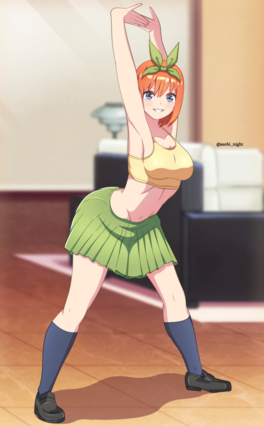 1girl absurdres arched_back armpits arms_behind_head asobi_night ass belly black_footwear blue_eyes blush bow breasts cleavage collarbone cowboy_shot curvy flexible go-toubun_no_hanayome green_bow green_hairband green_ribbon green_skirt hair_between_eyes hairband highres large_breasts leaning_forward legs looking_at_viewer midriff nakano_yotsuba navel orange_hair plump quintuplets ribbon skindentation skirt smile solo sports_bra stomach thick_thighs thighs