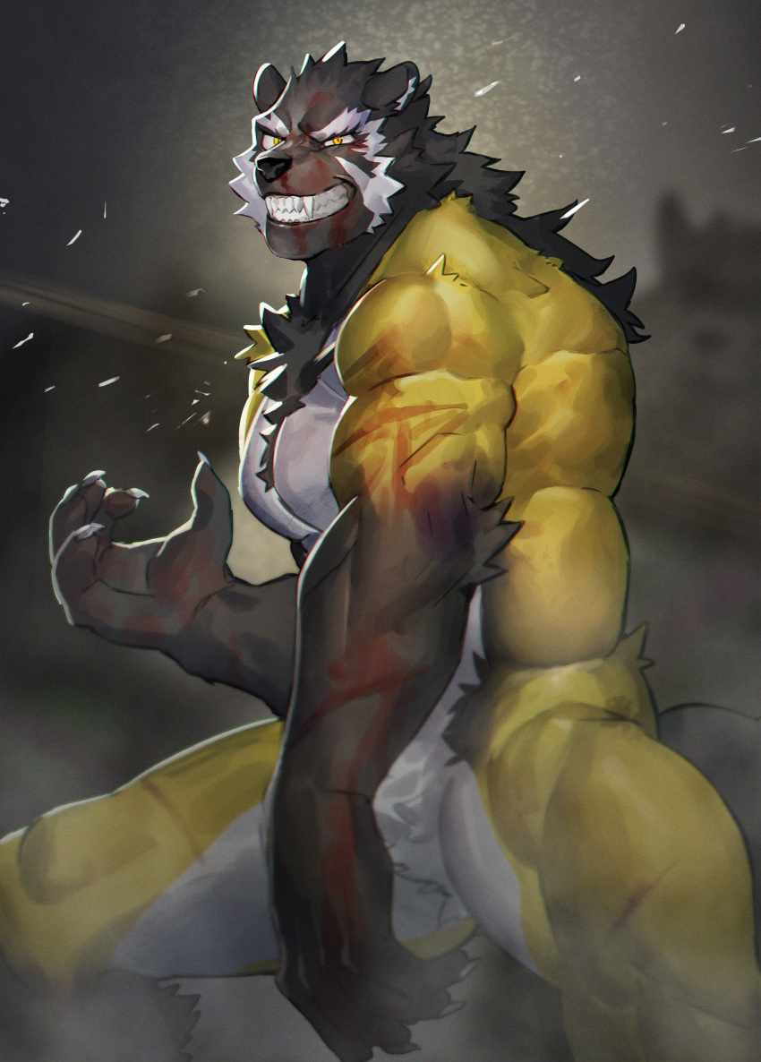 1boy absurdres bara battle blood blood_on_face chest_tuft commission feet_out_of_frame grin hand_up highres injury large_hands large_pectorals legs_apart male_focus mature_male muscular muscular_male mutton_chops neumo open_hand original pectorals short_hair skeb_commission smile solo standing thick_eyebrows thick_thighs thighs two-tone_fur