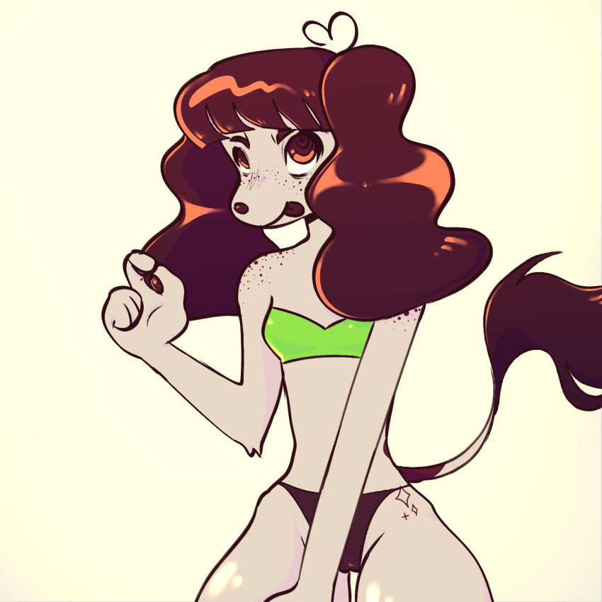 anthro bangs bikini breasts camel_toe canid canine canis clothing domestic_dog female freckles hair hi_res mammal peenations poodle red_hair slim sly small_breasts solo swimwear thighs thong tongue tongue_out underwear