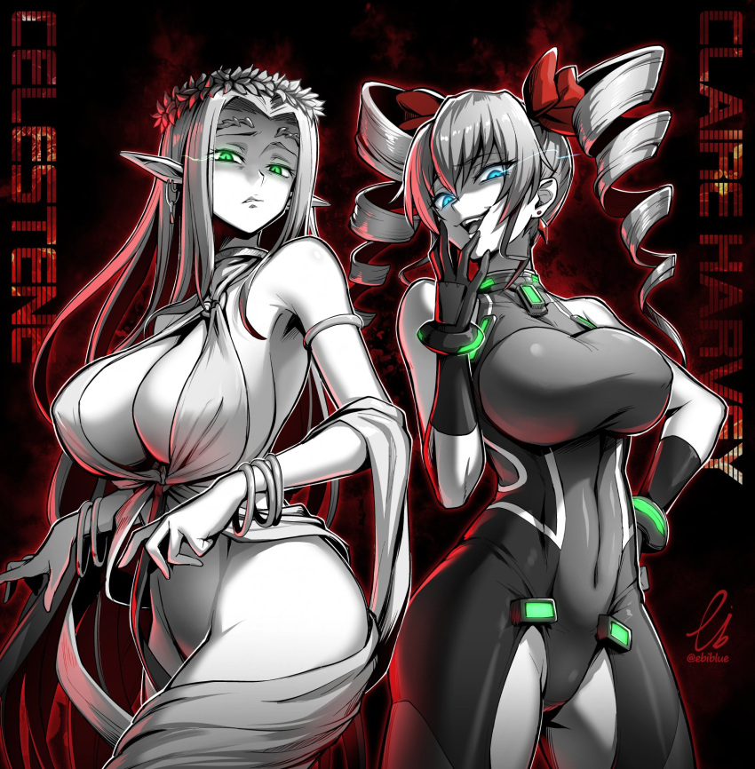 2girls angry bare_shoulders blue_eyes bodysuit bow bracelet breasts celestine_lucullus claire_harvey commission covered_nipples covering_nipples cowboy_shot disgust drill_hair earrings ebiblue elf evil_grin evil_smile from_below gesugao green_bracelet green_eyes greyscale grin hair_bow hand_on_own_chin head_wreath highres huge_breasts hundred jewelry kuroinu_~kedakaki_seijo_wa_hakudaku_ni_somaru~ laurel_crown leotard limited_palette long_hair looking_at_viewer monochrome multiple_bracelets multiple_earrings multiple_girls no_panties o-ring o-ring_top pointy_ears red_bow revealing_clothes shaded_face skeb_commission skin_tight smile sneer spot_color standing twin_drills twitter_username