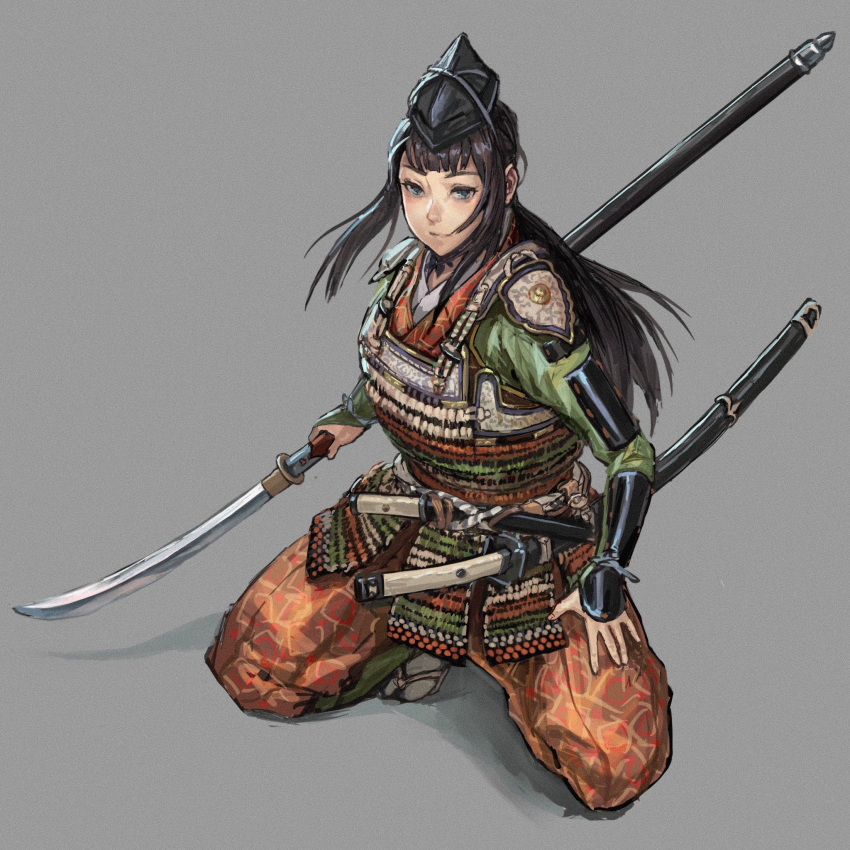 1girl arm_guards armor black_hair black_headwear blue_eyes chin_strap closed_mouth floating_hair full_body grey_background hat highres holding holding_polearm holding_weapon japanese_armor japanese_clothes katana kneeling kote kurokote long_hair long_sleeves looking_at_viewer low_ponytail multiple_swords naginata original pants polearm ponytail short_sword shoulder_armor simple_background smile socks solo sword takahito weapon white_socks zouri