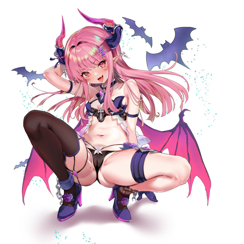 arm_behind_head arm_up ass bat_(animal) bikini black_bikini blue_footwear boots boshi_(a-ieba) breasts cameltoe commission demon_girl demon_horns demon_wings fang gem hair_intakes hair_ornament hairclip high_heel_boots high_heels highres horns naughty_face navel open_mouth original pink_eyes pink_hair pointy_ears single_thighhigh skeb_commission small_breasts smile spread_legs squatting swimsuit thigh_strap thighhighs thighs tongue tongue_out wings