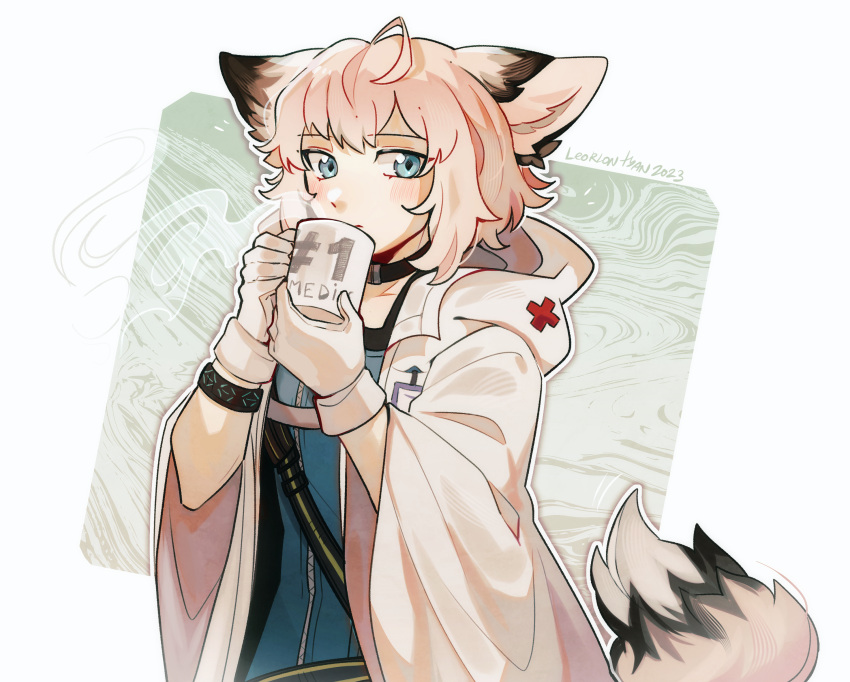 1girl ahoge animal_ears arknights artist_name black_bracelet black_collar blue_eyes blue_vest blush closed_mouth coat coffee_mug collar commentary cross cup english_commentary fox_ears fox_girl fox_tail gloves highres hood hood_down hooded_coat infection_monitor_(arknights) leorlontyan long_sleeves mug pink_hair red_cross short_hair solo sussurro_(arknights) tail upper_body vest white_coat white_gloves wide_sleeves