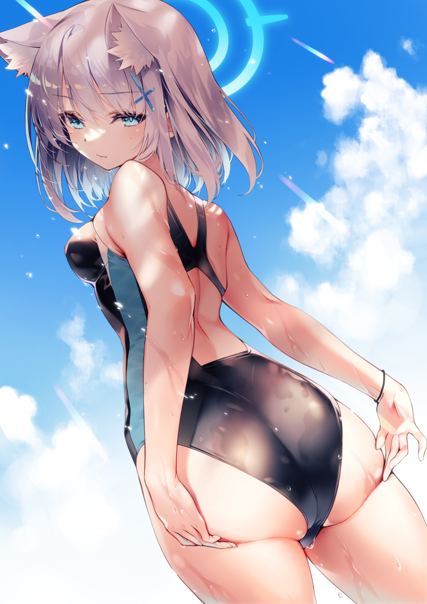 1girl absurdres animal_ear_fluff animal_ears ass black_one-piece_swimsuit blue_archive blue_eyes blue_sky breasts cloud competition_swimsuit covered_navel cowboy_shot cross_hair_ornament extra_ears grey_hair hair_ornament halo highres hirano_katsuyuki looking_at_viewer looking_back medium_breasts medium_hair mismatched_pupils multicolored_clothes multicolored_swimsuit one-piece_swimsuit shiroko_(blue_archive) shiroko_(swimsuit)_(blue_archive) sky solo swimsuit wolf_ears