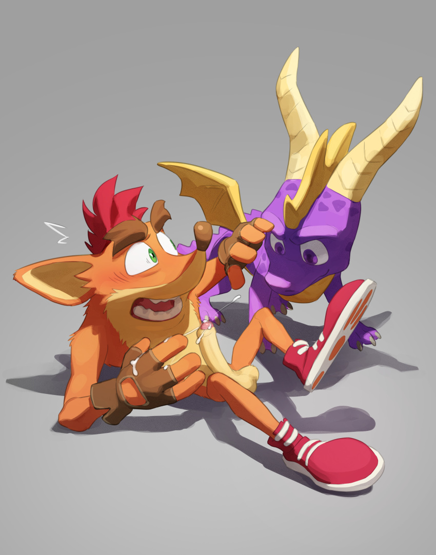 2023 absurd_res activision anthro balls bandicoot biped blush bodily_fluids brown_clothing brown_eyebrows brown_gloves brown_handwear caught caught_masturbating claws clothing crash_bandicoot crash_bandicoot_(series) crossover cum cum_on_hand cum_on_own_hand cum_on_own_penis cum_on_penis cum_on_self digital_media_(artwork) duo erection eyebrows feral fingerless_gloves footwear foreskin fur genital_fluids genitals glans gloves green_eyes grey_background hair handwear hi_res horn humanoid_genitalia humanoid_penis male mammal marsupial membrane_(anatomy) membranous_wings multicolored_body multicolored_fur orange_body orange_fur penis pink_glans pngx_(artist) purple_body purple_eyes quadruped red_clothing red_footwear red_hair red_shoes shoes simple_background spyro spyro_the_dragon surprised_expression tan_balls tan_body tan_fur tan_inner_ear tan_penis thick_eyebrows toe_claws two_tone_body two_tone_fur wings yellow_body yellow_horn yellow_membrane