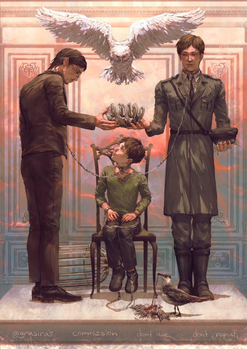 3boys absurdres bird black_hair blood bone brown_hair cannibalism chain chain_leash child coat coronation eren_kruger eren_yeager eye_contact facial_mark father_and_son flying full_body glasses grisha_yeager guro highres holding holding_bone leash linked_collar looking_at_another male_focus marley_military_uniform military_uniform multiple_boys on_chair owl pants perok_(grasiras) shingeki_no_kyojin shirt short_hair stairs symbolism uniform