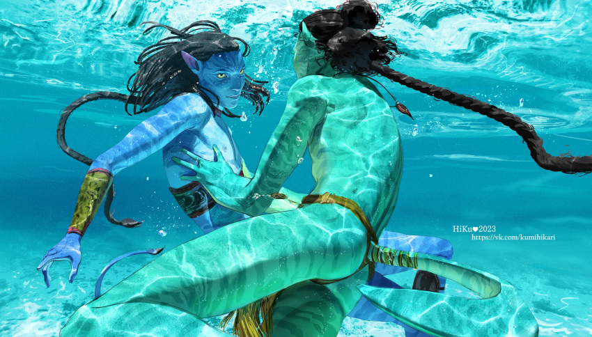 2023 absurd_res alien alien_humanoid aonung_(james_cameron's_avatar) armlet artist_name athletic athletic_humanoid athletic_male black_hair blue_body blue_skin bottomwear braided_hair bubble clothing digital_drawing_(artwork) digital_media_(artwork) dreadlocks duo eyelashes facing_each_other furgonomics glistening hair hand_on_chest hand_on_side hi_res hikari_kumi humanoid humanoid_pointy_ears james_cameron's_avatar loincloth looking_at_another male male/male na'vi neteyam_(james_cameron's_avatar) nipples reflection romantic romantic_ambiance romantic_couple sea smile striped_body striped_skin stripes tail teenager text tied_hair underwater url water water_reflection year yellow_eyes young young_on_young