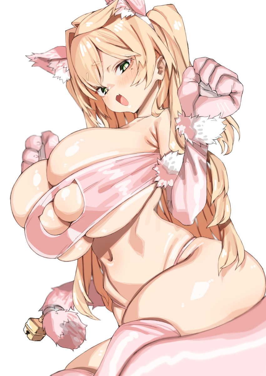 1girl animal_ears animal_hands bare_shoulders bell blonde_hair blush bra breasts cat_cutout cat_ears cat_paws cat_tail cleavage clothing_cutout elbow_gloves fake_animal_ears fake_tail fang gloves green_eyes highres huge_breasts kz_oji long_hair looking_at_viewer mole mole_under_mouth navel open_mouth original paw_gloves pink_bra pink_gloves pink_thighhighs simple_background sitting skin_fang slit_pupils solo strapless strapless_bra tail tail_bell tail_ornament thighhighs underwear white_background