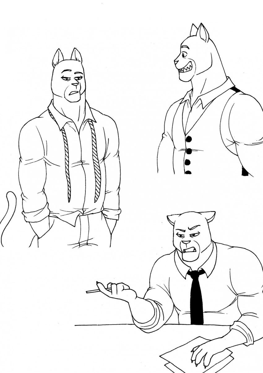 2023 5_fingers anthro bernielover blacksad claws clothed clothing domestic_cat felid feline felis finger_claws fingers fur grin hands_in_both_pockets hi_res humanoid_hands john_blacksad male mammal necktie paper pen smile solo teeth