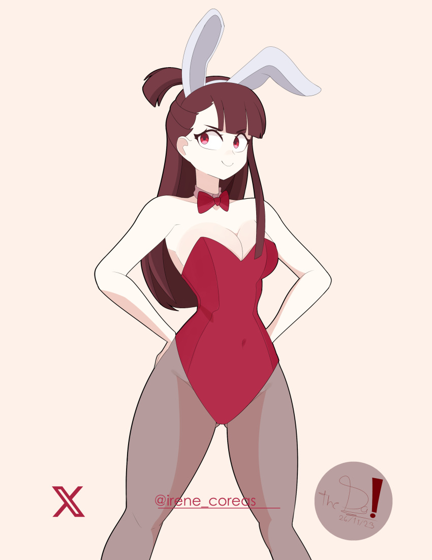 absurdres animal_ears artist_request ass_visible_through_thighs breasts brown_hair bunny_day english_commentary fake_animal_ears frown highres kagari_atsuko leotard little_witch_academia looking_at_viewer pantyhose playboy_bunny rabbit_ears red_leotard red_tie