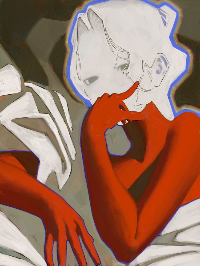 1girl bare_arms bare_shoulders blue_outline colored_skin covered_mouth covering_mouth grey_eyes gtsleep1200 half-closed_eyes hand_up highres looking_at_viewer multicolored_skin original outline parted_hair red_skin solo two-tone_skin upper_body white_hair white_skin