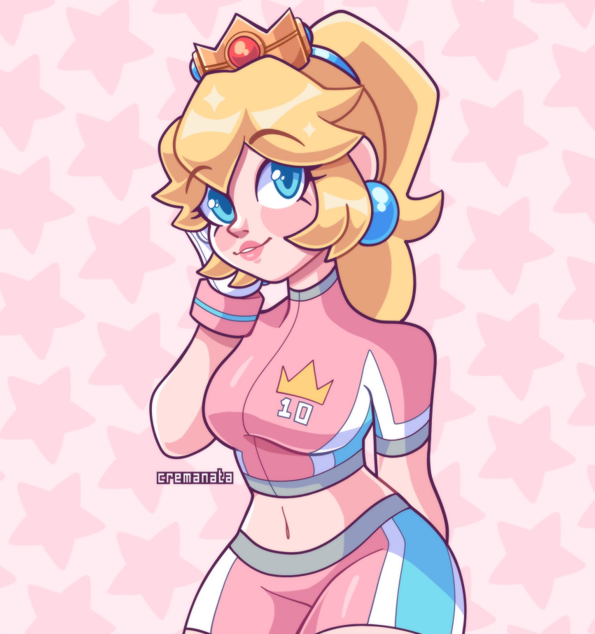 1girl absurdres arm_behind_back artist_name blonde_hair blue_eyes breasts cremanata gloves highres large_breasts legs looking_at_viewer mario_(series) midriff navel parted_lips pink_lips ponytail princess princess_peach shorts smile soccer_uniform solo sportswear star_(symbol) strikers_peach super_mario_strikers thighs watermark