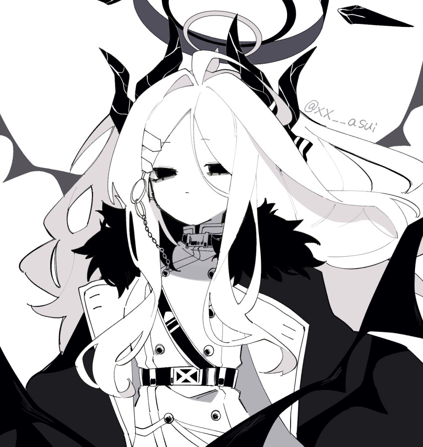 1girl blue_archive closed_mouth coat coat_on_shoulders fur-trimmed_coat fur_trim greyscale hair_between_eyes hair_ornament hair_ribbon halo highres hina_(blue_archive) horns jacket long_hair monochrome multiple_horns ribbon simple_background solo twitter_username upper_body very_long_hair xx_asui