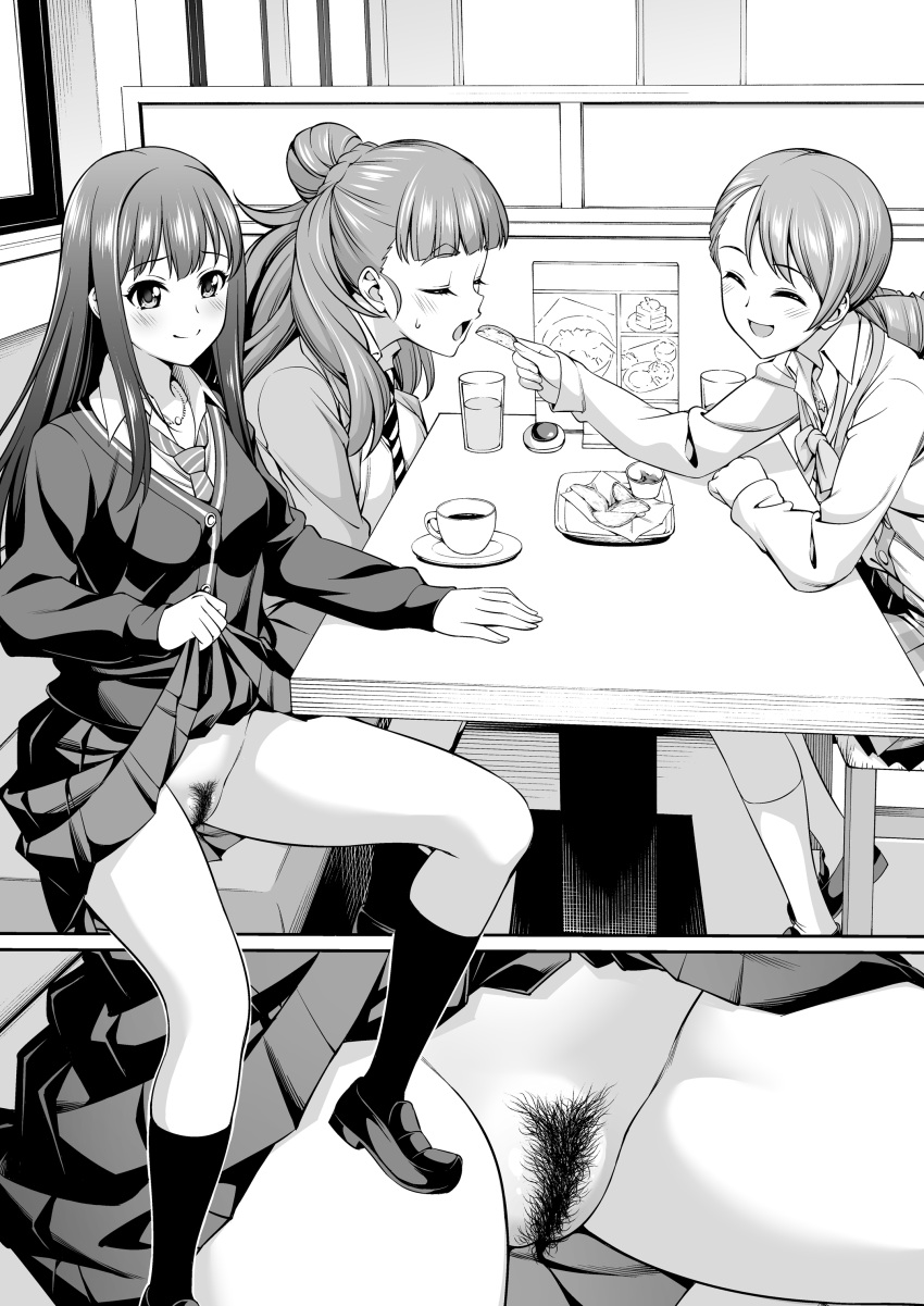 3girls :d absurdres asuhiro_(handsome_aniki) booth_seating cardigan_vest close-up closed_eyes clothes_lift coffee_cup commentary_request cup diagonal-striped_necktie disposable_cup eating female_pubic_hair food glass grey_hair greyscale highres hojo_karen holding holding_food idolmaster idolmaster_cinderella_girls indoors jewelry kamiya_nao loafers looking_at_viewer loose_necktie menu monochrome multiple_girls necklace necktie no_panties paid_reward_available pubic_hair restaurant saucer school_uniform shibuya_rin shoes sitting skirt skirt_lift smile socks table triad_primus_(idolmaster) variant_set window wing_collar