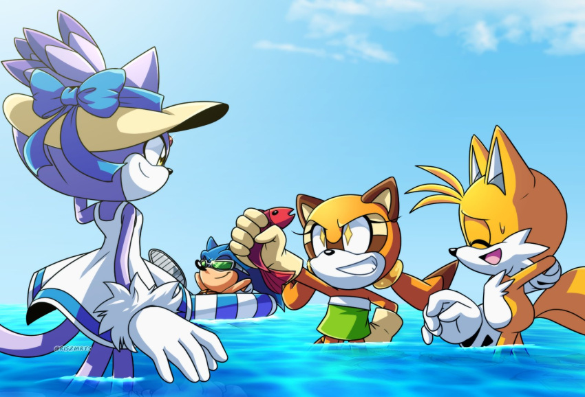 2boys 2girls beach blaze_the_cat blue_sky cat_girl dress fish furry furry_female gloves hat marine_the_raccoon multiple_boys multiple_girls ponytail purple_fur ribbon risziarts shirt sky smirk sonic_(series) sonic_rush_adventure sonic_the_hedgehog strapless strapless_shirt summer sun_hat sundress sunglasses tails_(sonic) water yellow_eyes