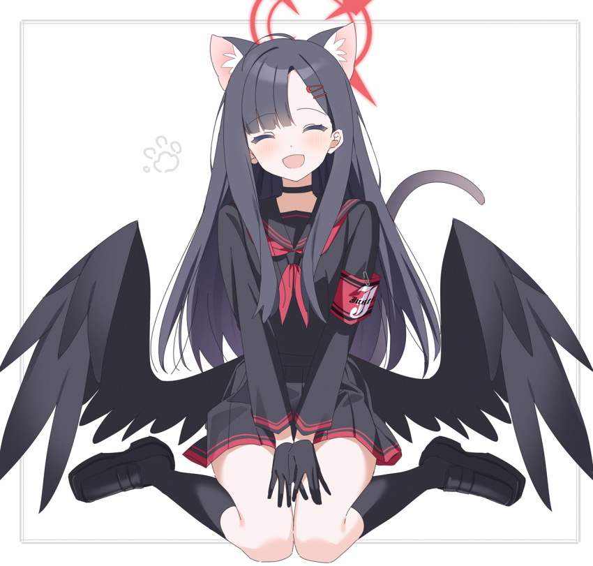 1girl ^_^ animal_ears asymmetrical_bangs black_choker black_gloves black_hair black_socks black_wings blue_archive blunt_bangs blush cat_ears cat_tail choker closed_eyes commentary_request extra_ears feathered_wings full_body gloves halo highres ichika_(blue_archive) long_hair neckerchief nekoln own_hands_together paw_print pleated_skirt red_armband red_neckerchief revision simple_background sitting skirt smile socks solo straight_hair tail very_long_hair wariza white_background wings