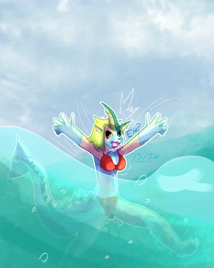 anthro bikini bikini_top breasts clothing crumbleumble eeveelution female generation_1_pokemon green_hair hair hi_res mid_transformation nintendo pokemon pokemon_(species) sea solo swimming swimwear torn_clothing transformation vaporeon water