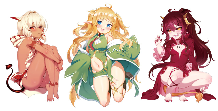 3girls :d :q ahoge arm_tattoo ass bare_arms bare_legs bare_shoulders barefoot black_sclera blonde_hair blue_eyes blush breasts bridal_gauntlets choker christina_(tanaka_the_wizard) claw_pose closed_mouth colored_sclera curled_fingers dark-skinned_female dark_red_hair dark_skin demon_tail detached_sleeves dress dress_flower edita_(tanaka_the_wizard) elf fang fang_out feather_hair_ornament feathers fingernails frilled_dress frilled_sleeves frills full_body hair_intakes hair_ornament hairclip hand_on_lap high-waist_panties highres hood hood_down hoodie hugging_own_legs jumping leg_ribbon leg_tattoo licking_lips lion_tail long_fingernails long_hair looking_at_viewer m-da_s-tarou multiple_girls nail_polish navel necktie official_art open_mouth panties panty_peek pointy_ears ponytail red_eyes red_hair red_nails ribbon ringed_eyes rocoroco sharp_fingernails sharp_teeth sharp_toenails short_hair short_shorts shorts sideboob sidelocks simple_background skindentation sleeveless slit_pupils small_breasts smile squatting star_(symbol) star_hair_ornament tail tanaka_the_wizard tattoo teeth thighs toeless_footwear toenail_polish toenails tongue tongue_out twintails underwear v-shaped_eyebrows very_long_hair white_background white_hair white_panties wide_sleeves yellow_eyes