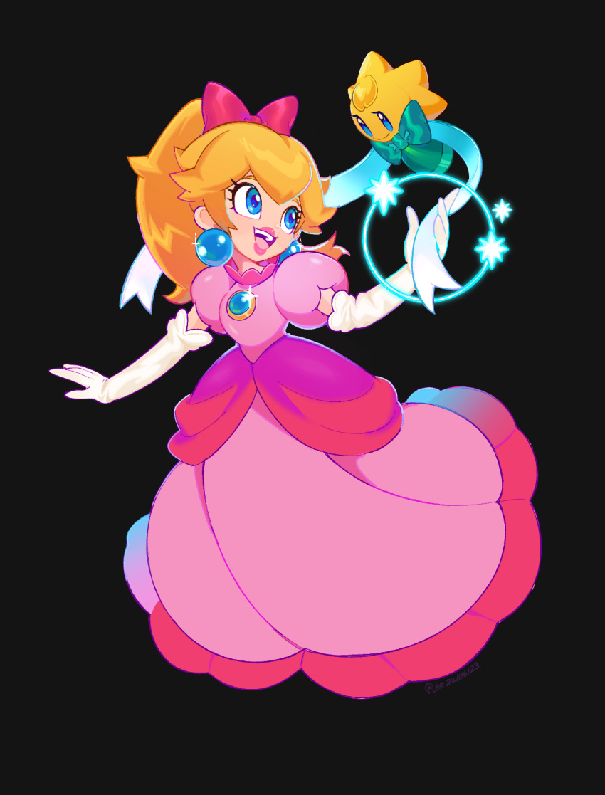 2girls black_background blonde_hair blue_eyes bow closed_mouth commentary dress earrings elbow_gloves english_commentary full_body gloves hair_bow highres jewelry k0smic_aries long_hair looking_at_another mario_(series) multiple_girls open_mouth pink_bow pink_dress ponytail princess_peach princess_peach:_showtime! puffy_short_sleeves puffy_sleeves short_sleeves simple_background smile sphere_earrings stella_(peach) white_gloves