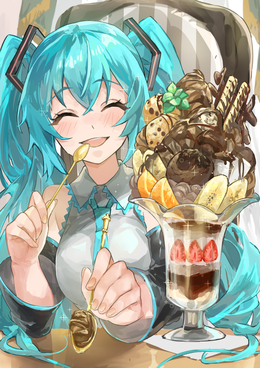 1girl aqua_hair aqua_necktie banana banana_slice bare_shoulders black_sleeves chair chocolate chocolate_syrup closed_eyes commentary detached_sleeves facing_viewer food fruit glass grey_shirt hair_ornament hatsune_miku highres himukai_aoi holding holding_spoon ice_cream incoming_food long_hair mint necktie open_mouth orange_(fruit) orange_slice parfait pov shirt sitting sleeveless sleeveless_shirt smile solo sparkle spoon strawberry strawberry_slice table twintails upper_body variant_set very_long_hair vocaloid wafer_stick