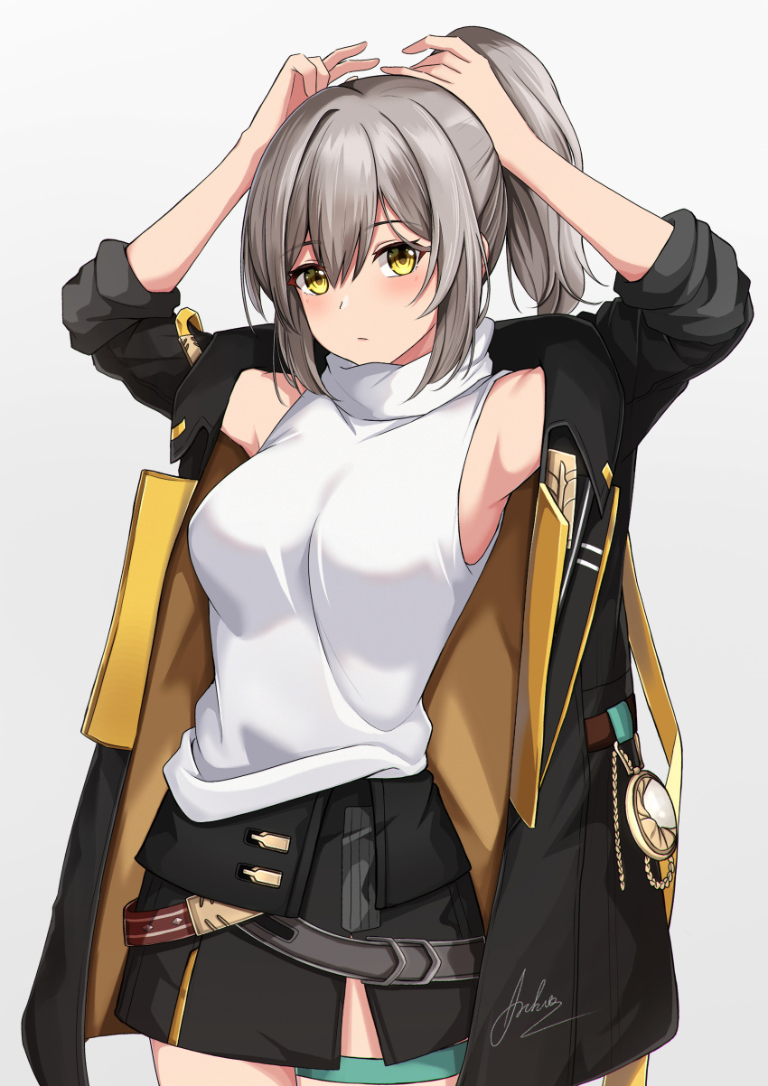 1girl absurdres alternate_hairstyle aoikito_lavender086 armpits arms_up bare_shoulders black_jacket black_skirt breasts commentary_request cowboy_shot grey_background grey_hair highres honkai:_star_rail honkai_(series) jacket large_breasts long_hair looking_at_viewer miniskirt off_shoulder open_clothes open_jacket ponytail shirt sidelocks simple_background skirt sleeveless sleeveless_shirt solo standing trailblazer_(honkai:_star_rail) white_shirt yellow_eyes