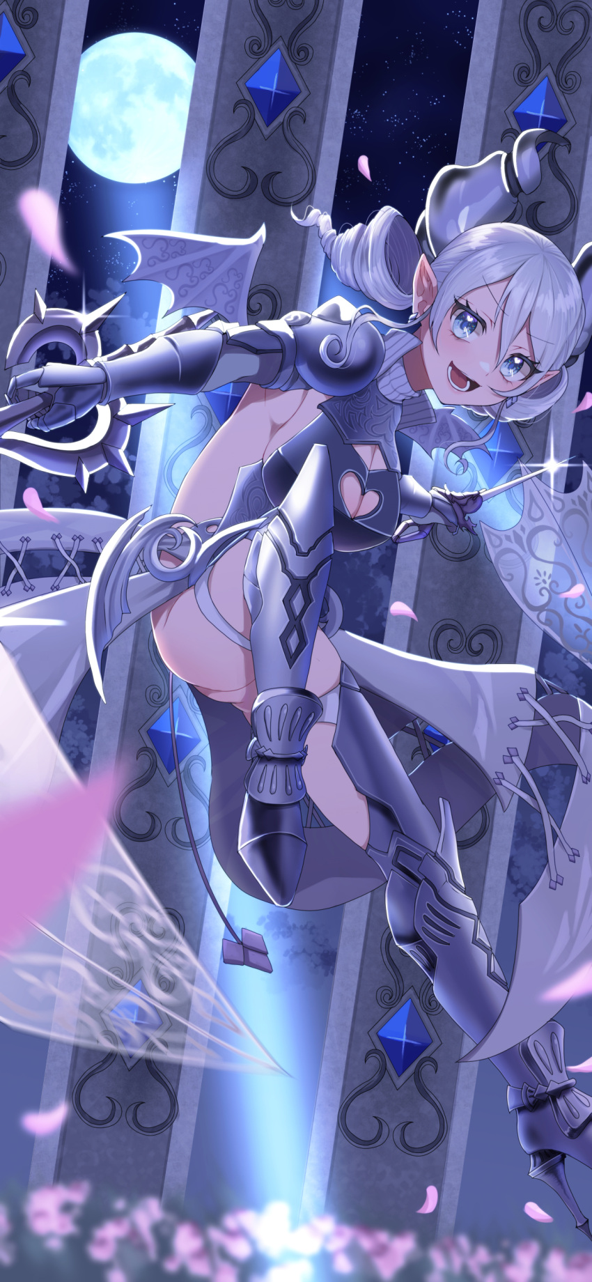 1girl absurdres armor breasts cleavage cleavage_cutout clothing_cutout demon_girl demon_horns demon_wings dual_wielding duel_monster gauntlets grey_eyes hair_between_eyes highres holding holding_sword holding_weapon horns lady_labrynth_of_the_silver_castle large_breasts looking_at_viewer lovely_labrynth_of_the_silver_castle low_wings pinyata_(pinyaland) pointy_ears solo sword transparent_wings twintails weapon wings yu-gi-oh!