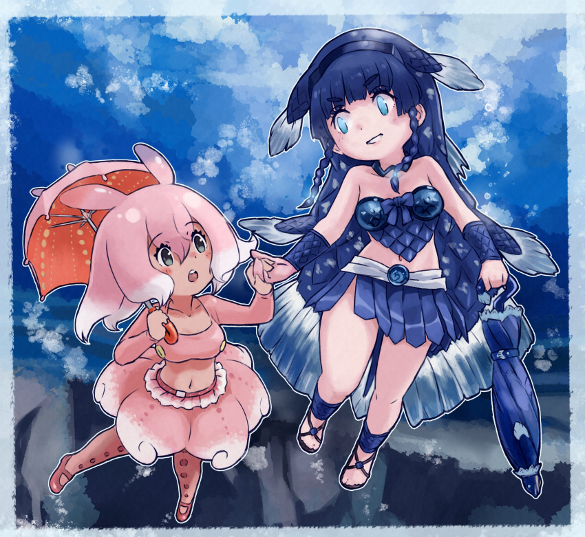 2girls absurdres blue_eyes blue_footwear blue_hair blue_shirt blue_skirt coelacanth_(kemono_friends) fins fish_girl fish_tail gauntlets grey_eyes hairband head_fins highres holding holding_hands holding_umbrella japanese_pancake_devilfish_(kemono_friends) japari_symbol kemono_friends long_hair long_sleeves mary_janes midriff multicolored_hair multiple_girls navel pantyhose pink_footwear pink_hair pink_pantyhose pink_shirt pink_skirt pleated_skirt sandals scales shirt shoes short_hair skirt tail tentacles toriny two-tone_hair umbrella white_hair