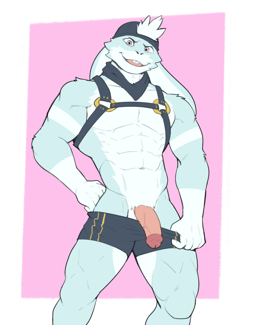 2023 4:5 abs anthro blue_body blue_fur bottomwear clothed clothing fur genitals hi_res jrjresq lagomorph leporid looking_at_viewer male mammal muscular muscular_anthro muscular_male open_mouth open_smile partially_clothed penis rabbit shorts shorts_down simple_background smile smiling_at_viewer solo