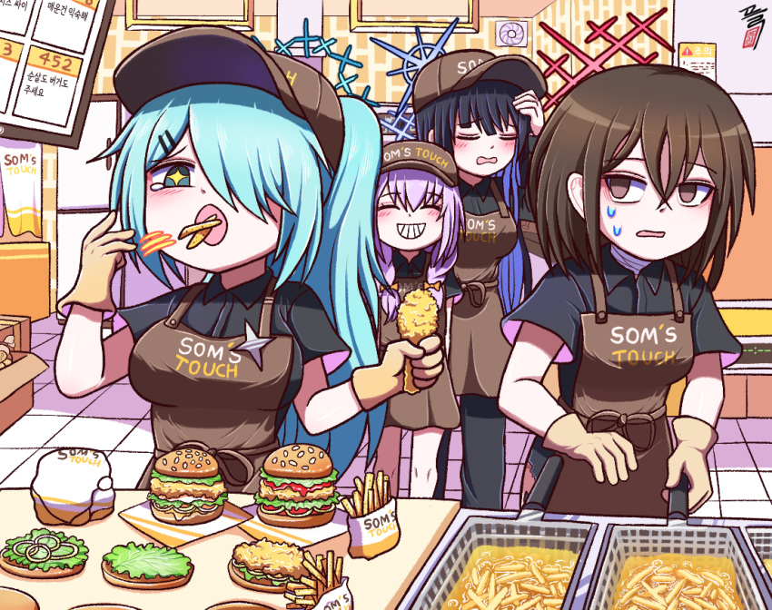 4girls arius_squad_(blue_archive) atsuko_(blue_archive) black_hair black_pants black_shirt blue_archive blue_hair blue_halo blush breasts brown_eyes brown_hair brown_headwear burger closed_eyes collared_shirt colored_inner_hair eating food french_fries fried_chicken green_eyes green_hair green_halo grin hair_between_eyes hair_over_one_eye halo hat hiyori_(blue_archive) holding holding_food korean_commentary long_hair medium_breasts misaki_(blue_archive) mom's_touch multicolored_hair multiple_girls pants purple_hair purple_halo red_halo saori_(blue_archive) shasa2456 shirt short_hair side_ponytail smile