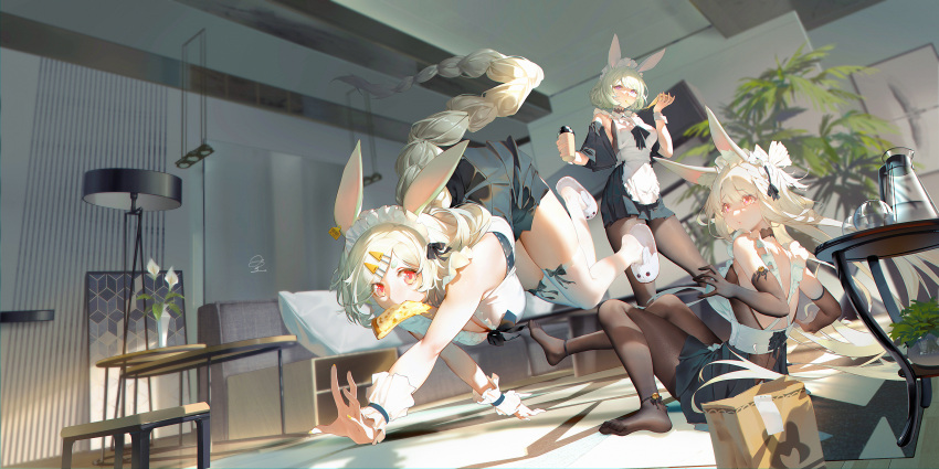 3girls absurdres animal_ears animal_slippers apron black_pantyhose braid braided_ponytail breasts bunny_slippers floating_hair food_in_mouth full_body highres indoors large_breasts long_hair maid maid_headdress multiple_girls no_shoes original pantyhose purple_eyes rabbit_ears ribao short_hair sitting slippers very_long_hair white_apron wrist_cuffs